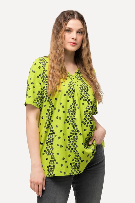 T-Shirt, Blüten, Zierfalten, V-Ausschnitt, Halbarm
