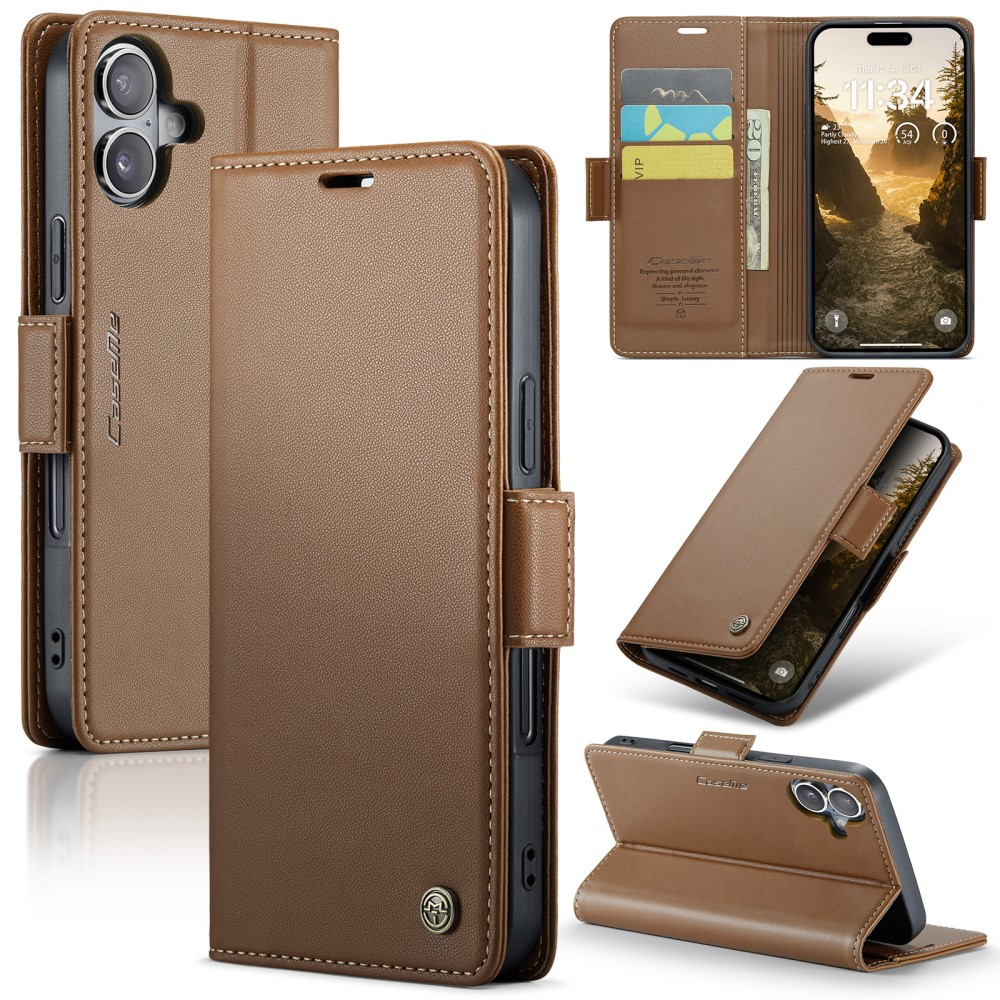iPhone 16 Leder Tasche Flip Wallet Etui mit Kartenfächern Litchi Look (RFID Schutz) - Braun