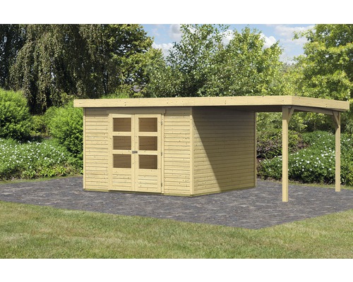 Karibu Kodiak 6 tuinhuisset met lessenaarsdak, 576 x 331 cm, natuurlijke afwerking
