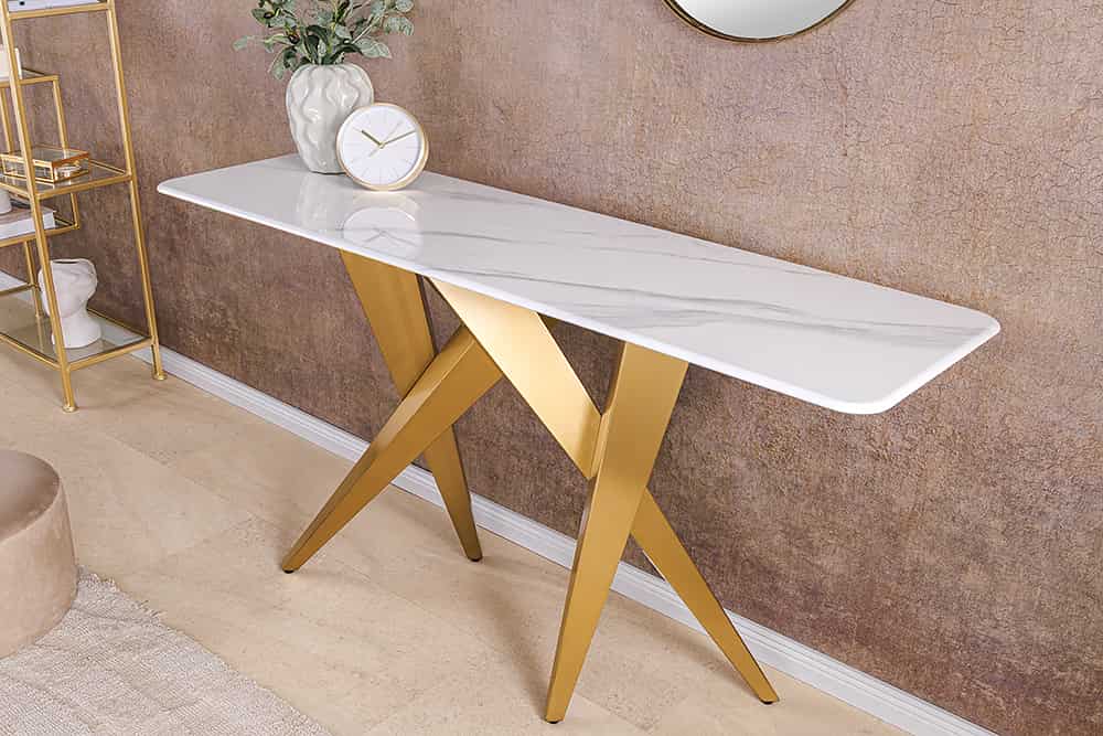 Design Konsolentisch ART LIVING 140cm weiß Marmor Keramik champagner gold brushed