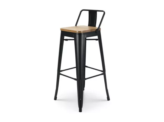 Lot de 4 tabourets de bar en métal noir mat style industriel avec dossier et assise en bois clair - Hauteur 76 cm