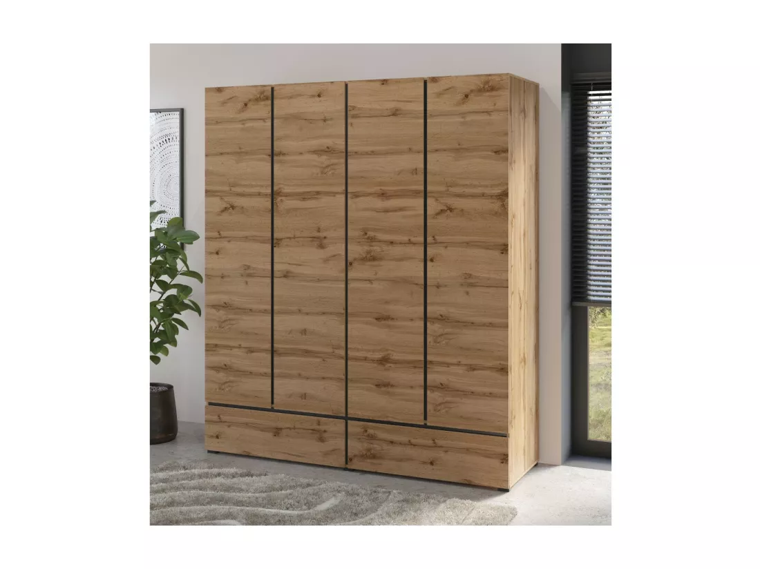 Armoire HAVANA 180 cm – Chêne et noir – 4 portes et 2 tiroirs – Élégance naturelle et grande capacité