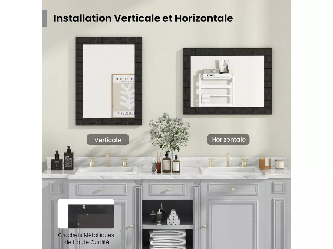 Miroir mural rectangulaire 80 × 60 cm, cadre en bois d’hévéa, miroir suspendu moderne