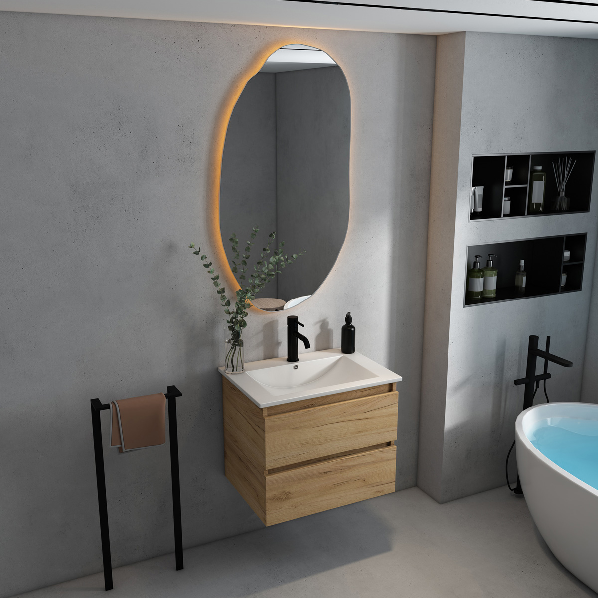 Fontana Rovigo badmeubel 60cm met witte wastafel en kraangat warm eiken