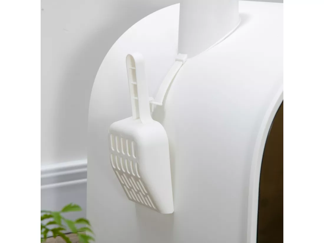 Maison de toilette bac à litière pour chat avec porte battante, pelle et filtre inclus dim. 43L x 44l x 47H cm PP blanc marron fumé