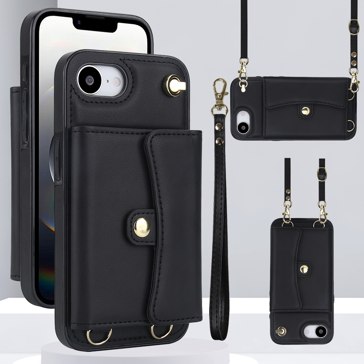 iPhone 16e Necklace Leder Schutz Hülle mit Kartenfach   Handykette (140cm) - Schwarz