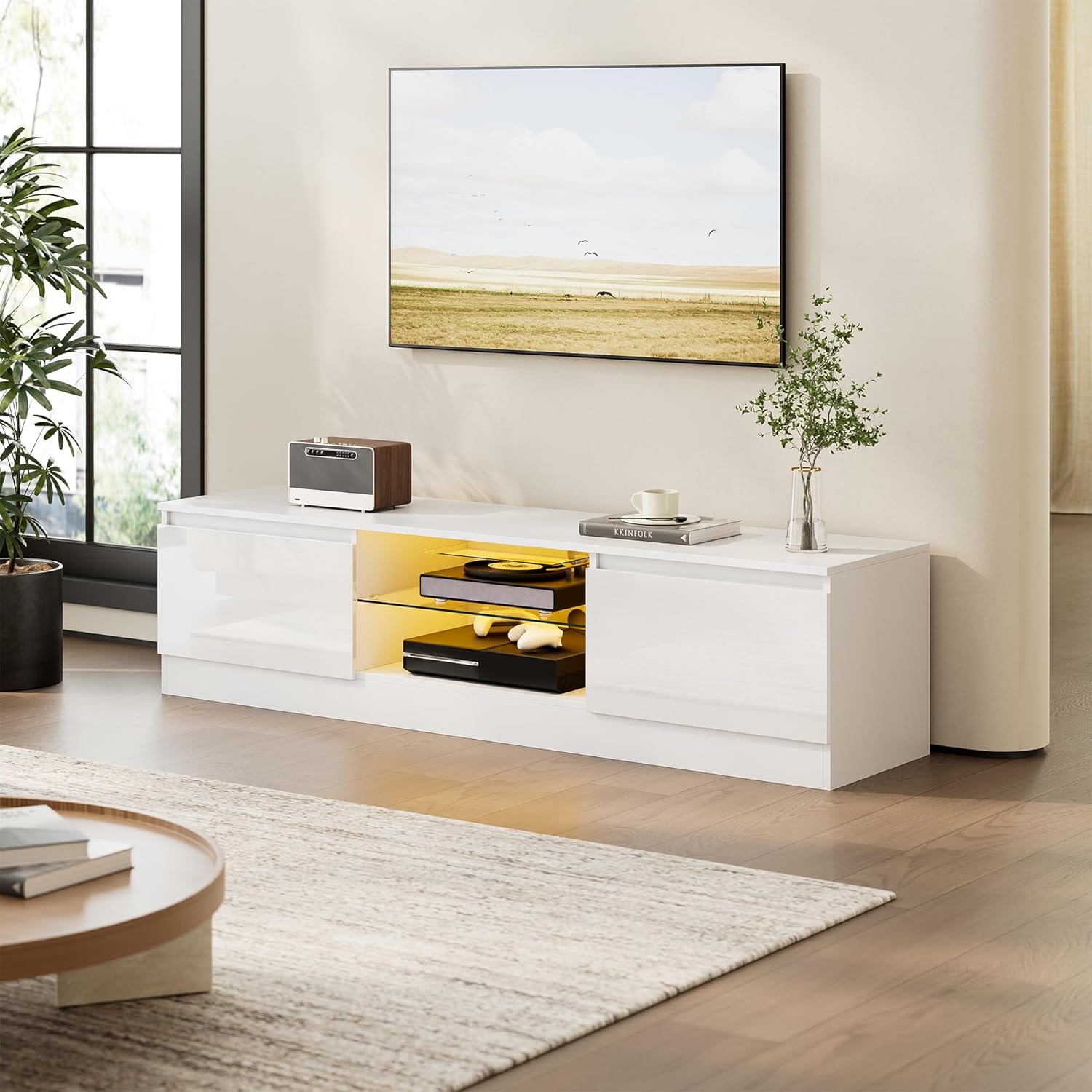 TV Schrank mit 16 Farben LED Beleuchtung und 2 Türen, 160 cm Lang, TV Board, Lowboard Stehend für Fernseher bis zu 70 Zoll, Fernsehtisch für Schlafzimmer, Wohnzimmer, Esszimmer (Weiß)