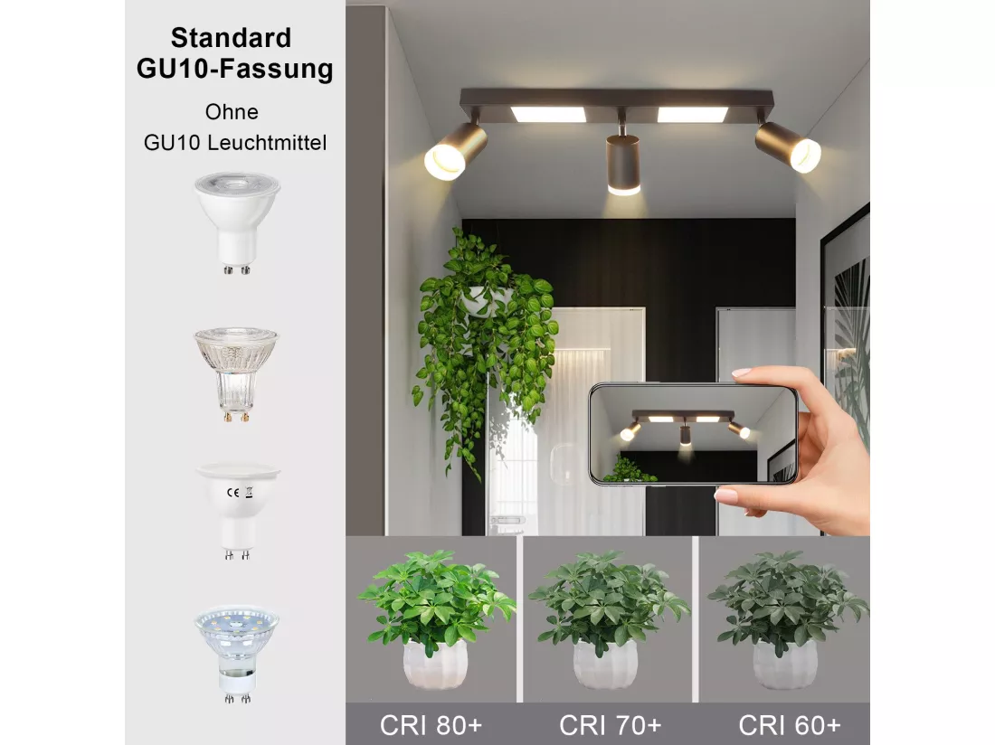 NETTLIFE Spot de plafond 3 ampoules GU10 chambre 3000k 20W lampe cuisine noir blanc chaud, orientable