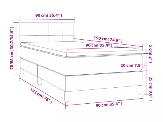 Sommier tapissier et matelas et LED Gris foncé 90x190cm Velours