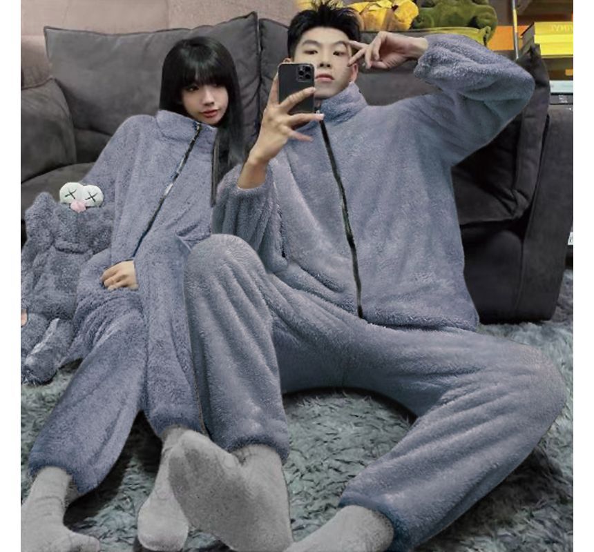 Dazzli - Bijpassende pyjamaset voor koppels: effen fleecejack met rits + broek
