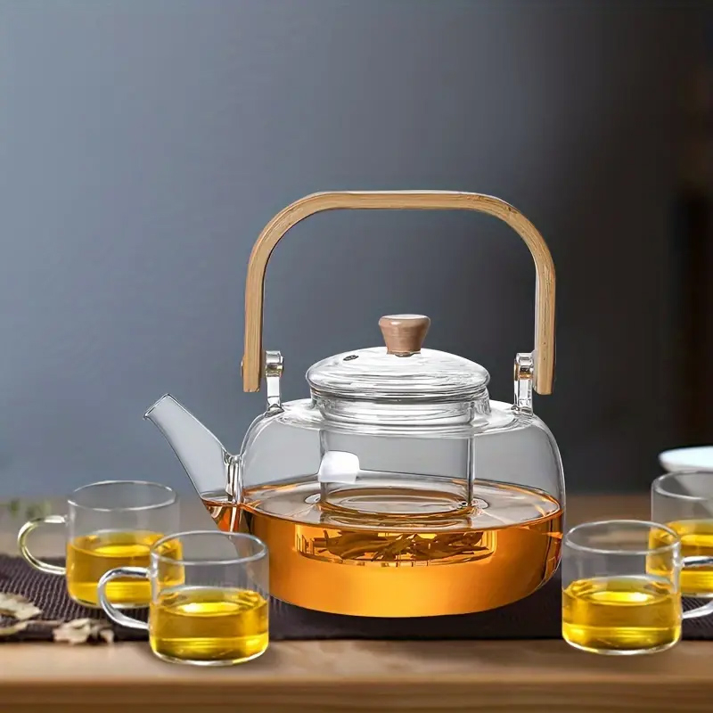 (1l) Glas Tee Kanne mit Filter Sieb Teebereiter Karaffe mit Holz Griff Getränke Krug für Losen Tee - Transparent