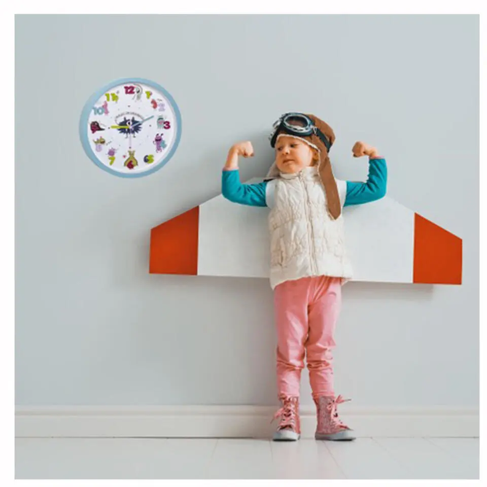 TFA Kinderkamer wandklok - monsters - turquoise - D30 cm - rond