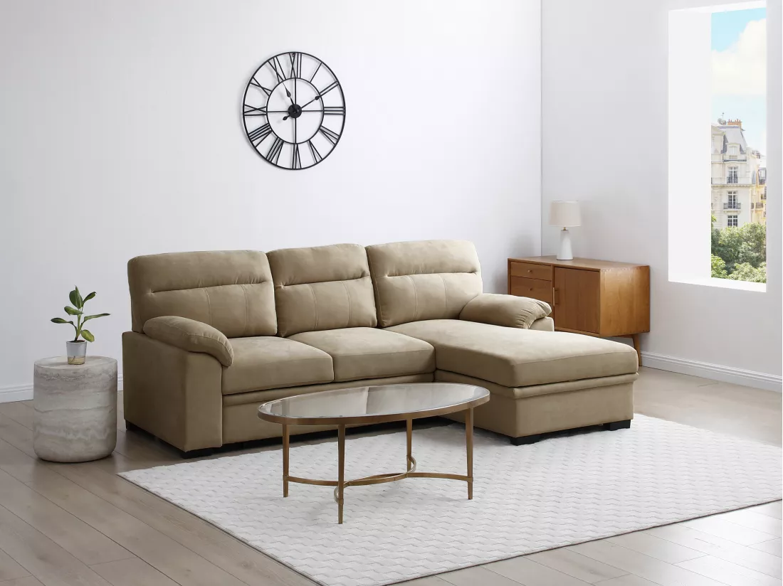 Canapé d'angle droit convertible en tissu beige ULENIO