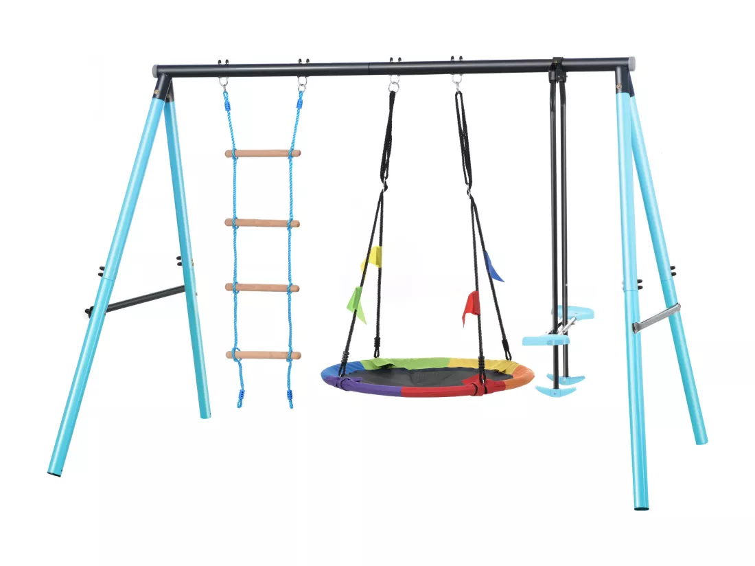 3 en 1 portique de balançoire avec Nid d'Oiseau, échelle d'escalade & filet d'escalade pour enfants de 3 à 8 ans, Bleu
