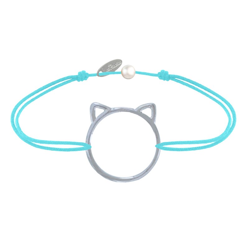 Bracelet Lien Médaille Argent Tête de Chat Ajouré - Turquoise