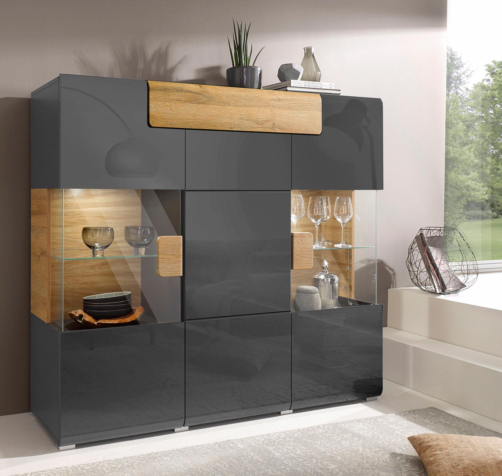 INOSIGN Highboard »Toledo,Breite 147,5cm,trendige Hochkommode mit 3Türen und Schublade« Hochschrank mit Glas-Partien,stylische Hochglanzfronten