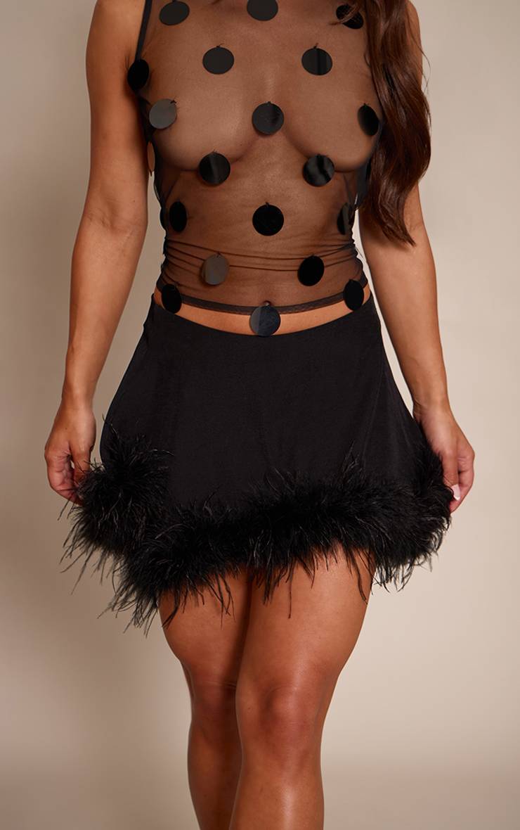 Noir Mini-jupe Premium Tissée Évasée À Ourlet De Plumes