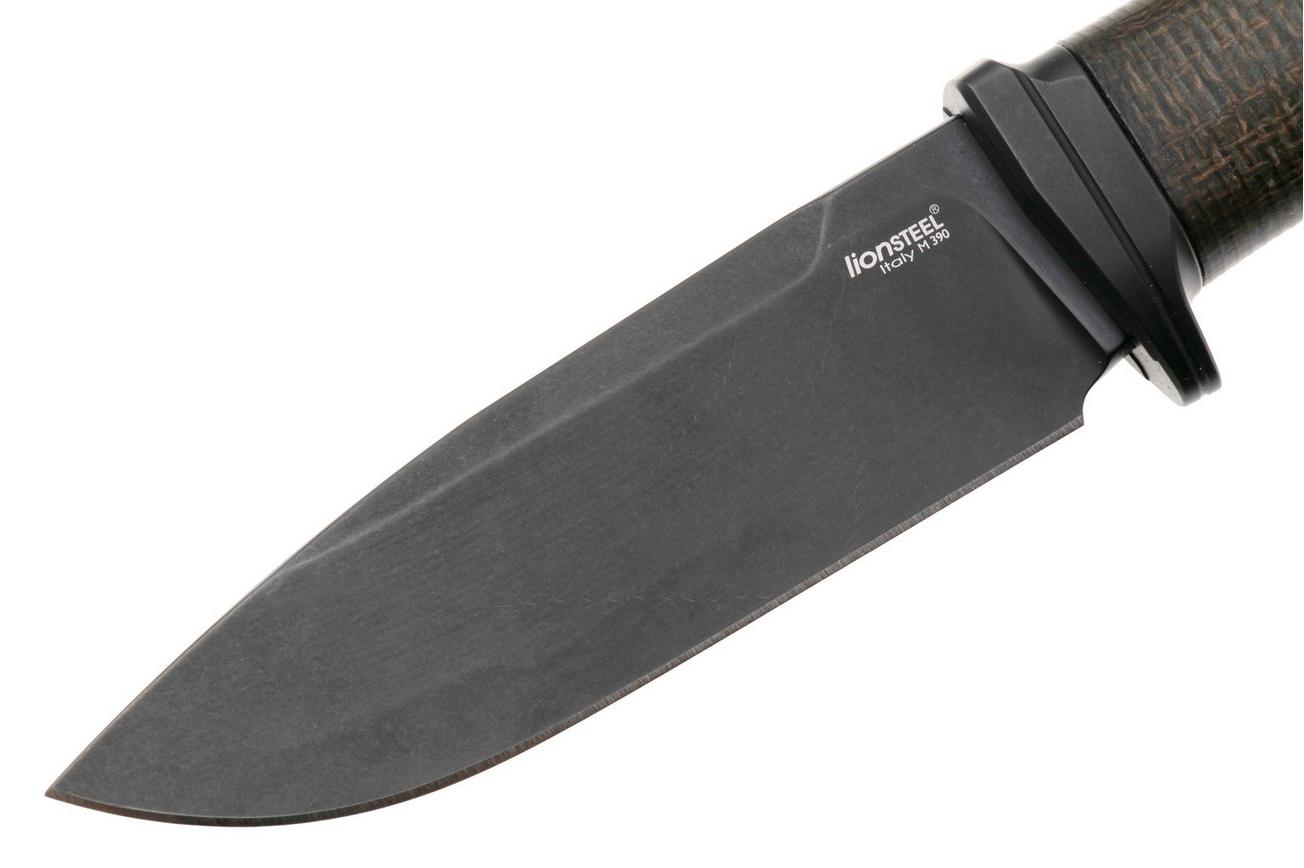 LionSteel Acha AH B BLG Blackwashed M390, Green Burlap Micarta, Black Titanium Guard, vaststaand mes