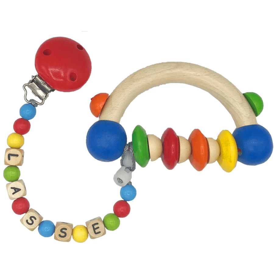 Schnullireich Geschenkset mit Namen Kunterbunt Retro Style Holz Bunt