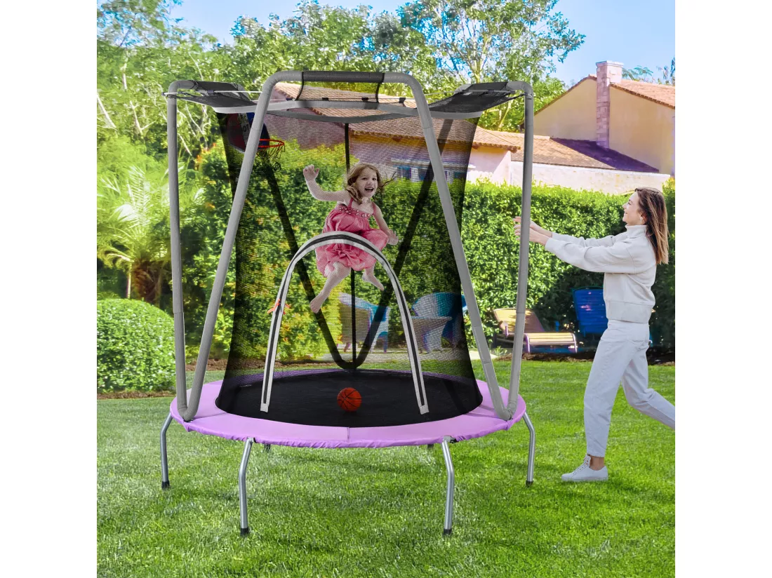 Ensemble de trampoline rond pour enfants - 147 x 147 x 157 - en materé acier - l'intérieur et l'extérieur - gris
