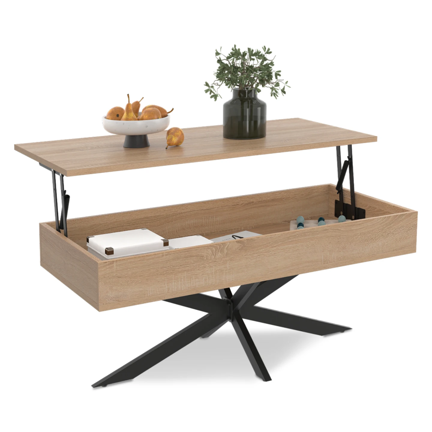 Table basse rectangulaire ALIX 100 cm plateau relevable pied araignée bois et noir