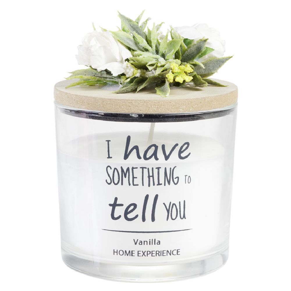 Bougie parfumée dans verre couvercle bois fleur message Ø8xH11cm