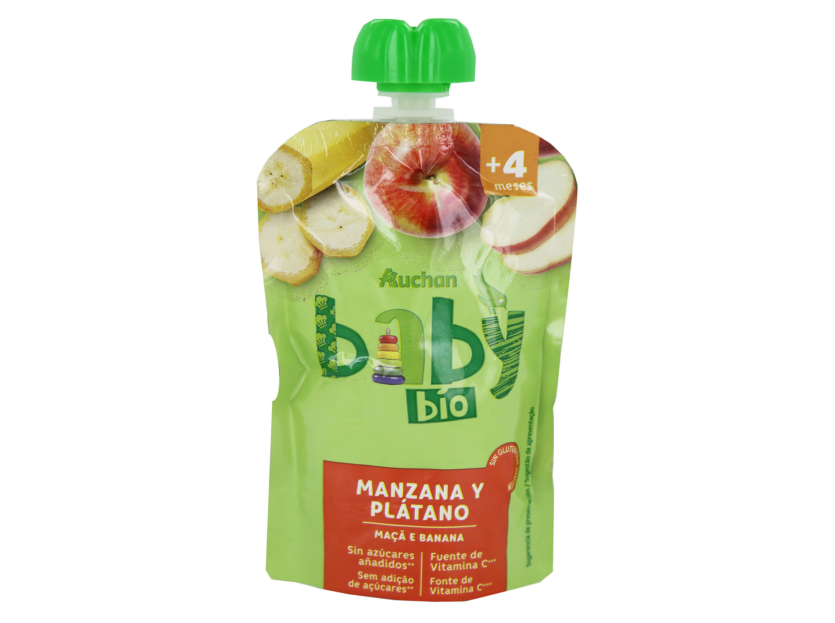 SAQUETA FRUTA AUCHAN BABY BIO MAÇÃ E BANANA SEM GLÚTEN 100G