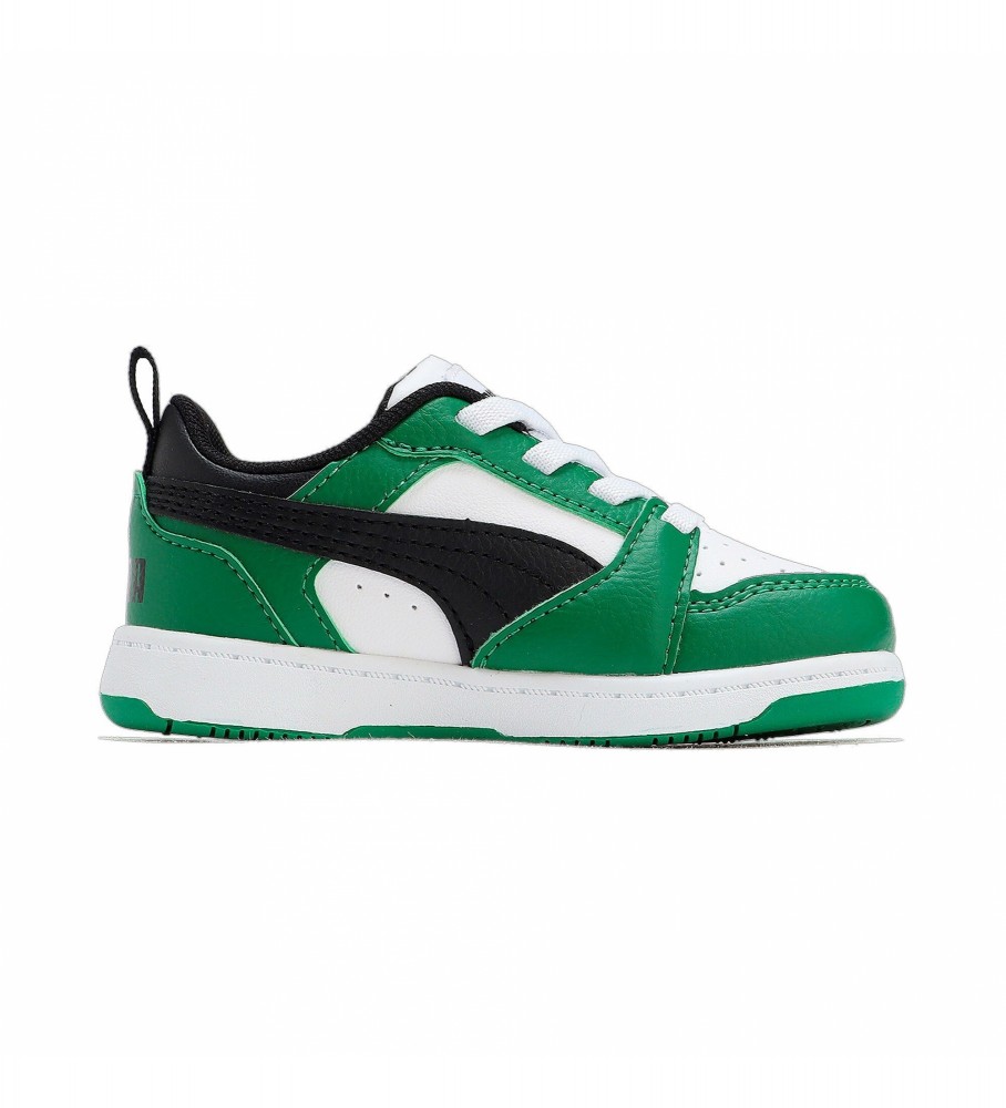 Tênis Puma Rebound V6, branco e verde.