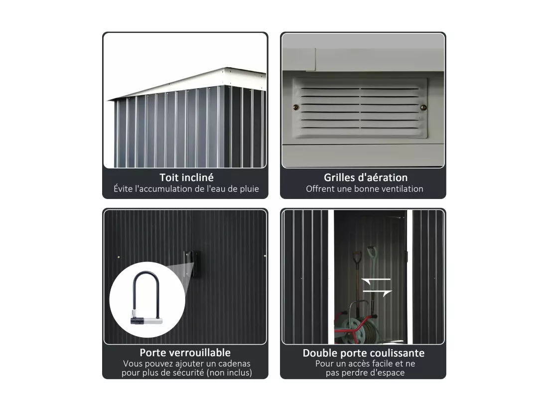 Abri de jardin - remise pour outils - cabanon portes verrouillables - dim. 2,8L x 1,3l x 1,72H m - tôle d'acier gris noir