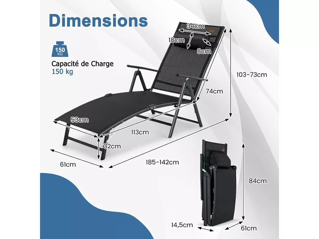 Chaise Longue Pliante, Transat Inclinable Portable avec Dossier Réglable sur 7 Positions, Bain de Soleil avec Accoudoir, Repose-Tête, Extérieur pour Piscine, Jardin, Balcon (Noir)