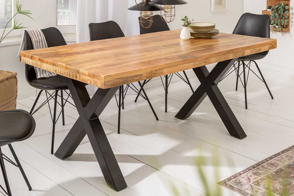Massiver Esstisch IRON CRAFT 160cm natur Mangoholz Industrial Design schwarz Metall
