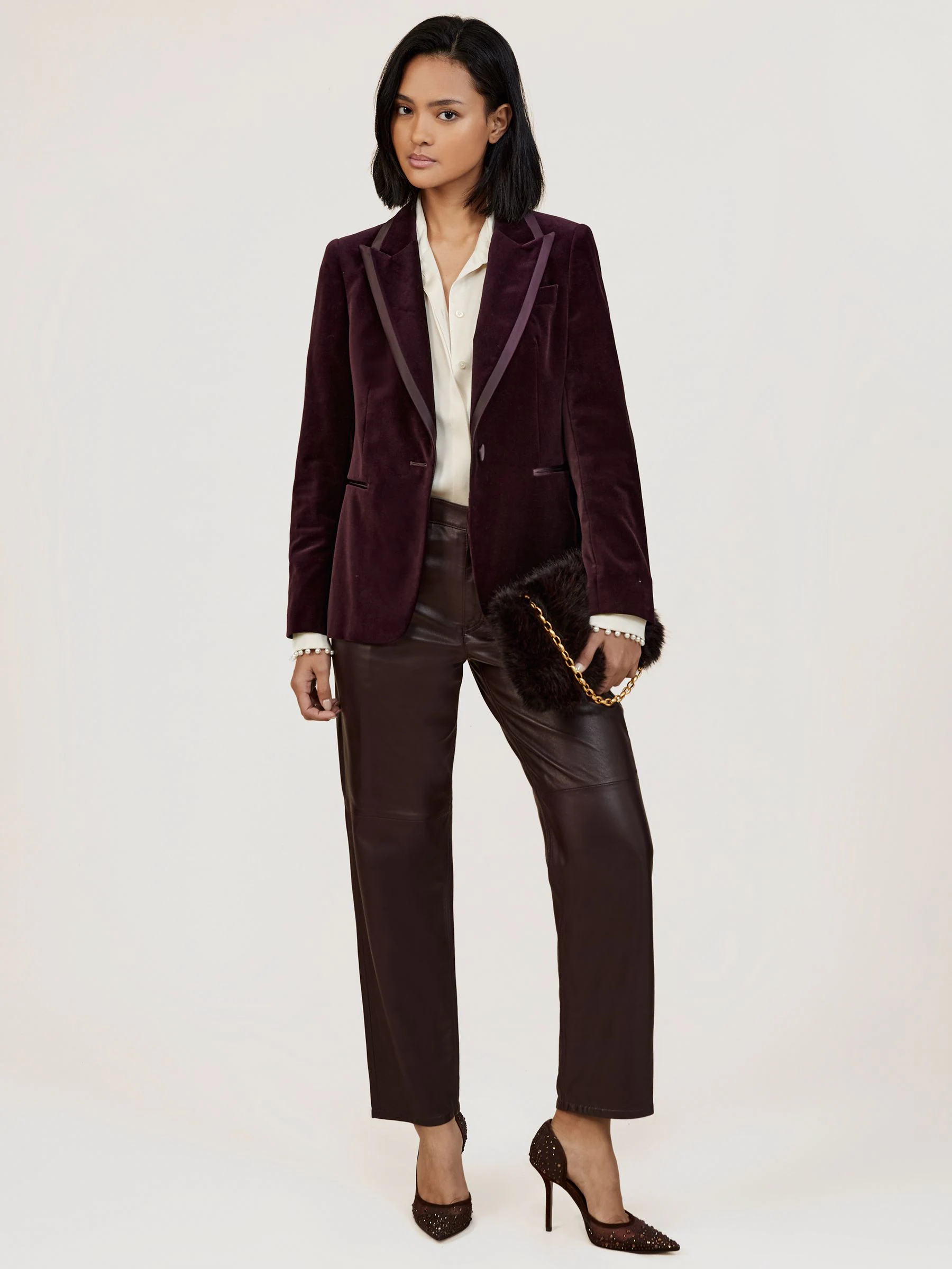 Bordeauxrood - Reiss Elia - Fluwelen blazer met enkele rij knopen