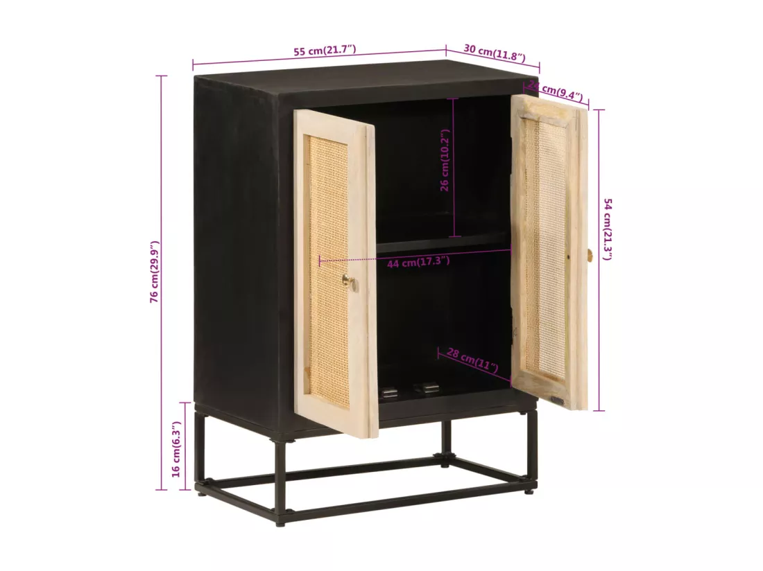 Buffet noir 55x30x76 cm bois massif de manguier et fer