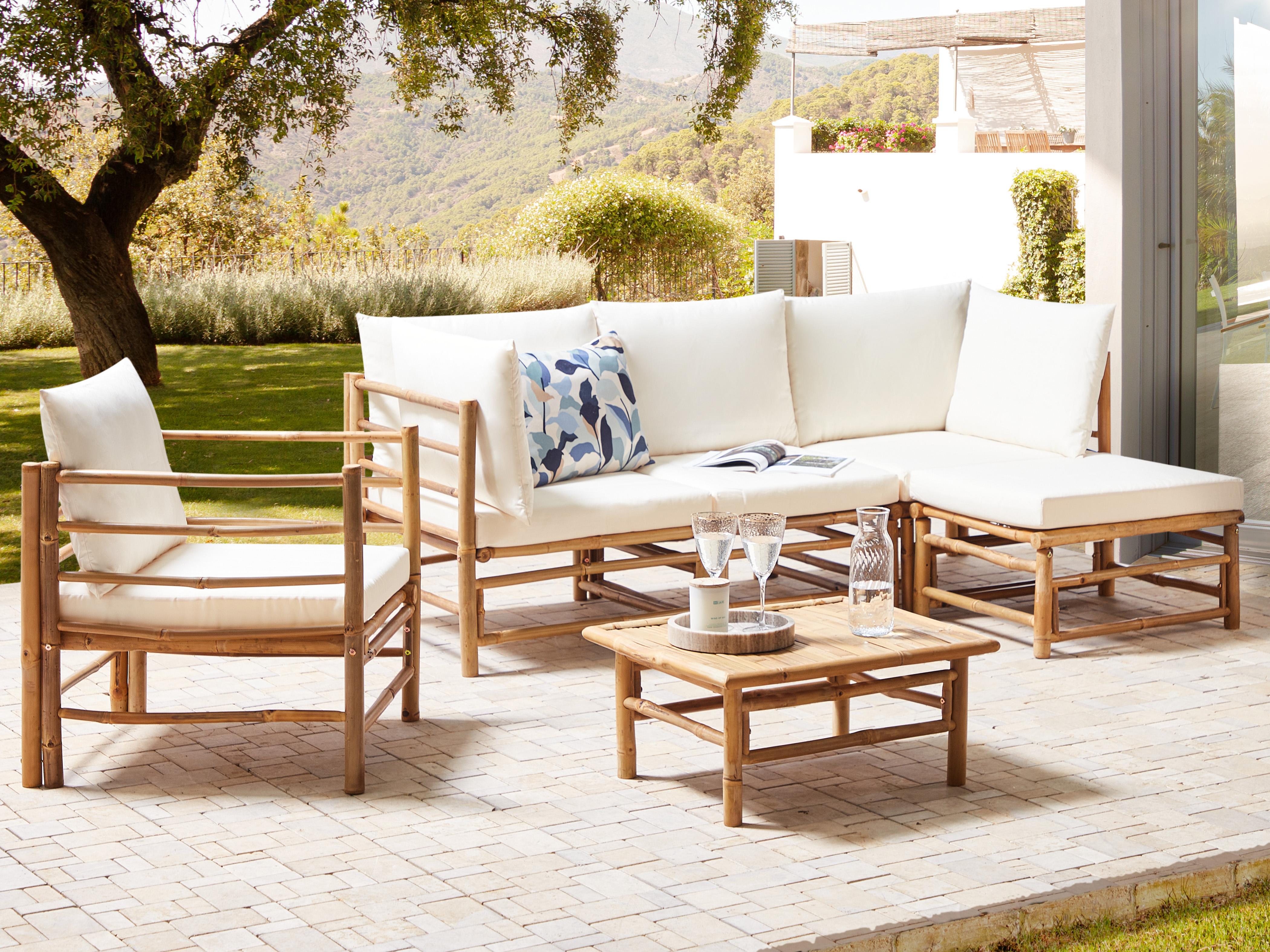 Loungeset met tafel 5-zits CERRETO linkszijdig Bamboehout Gebroken wit