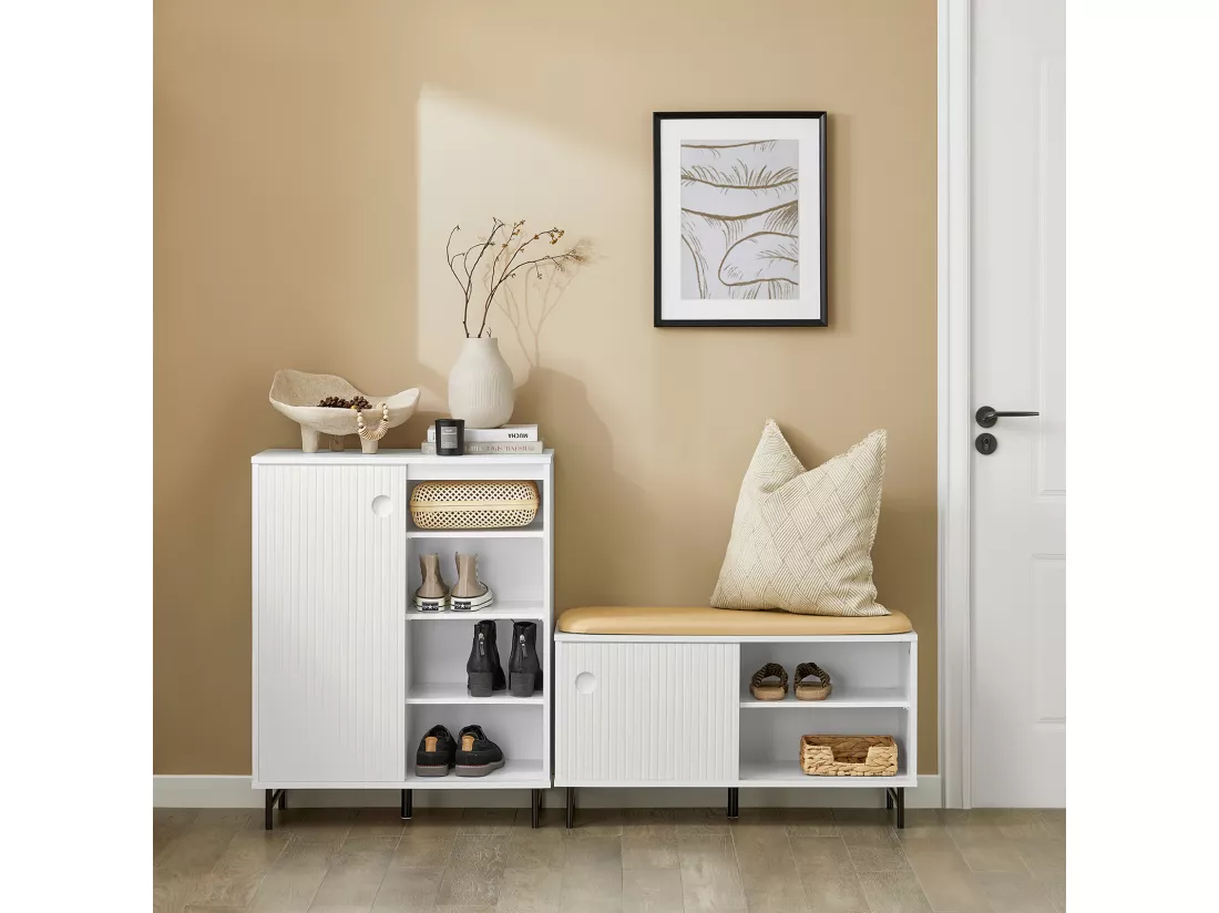 Banc à Chaussures, Banc de Rangement, Meuble Bas Entrée sur Pieds avec Coussin Rembourré, FSR116-W