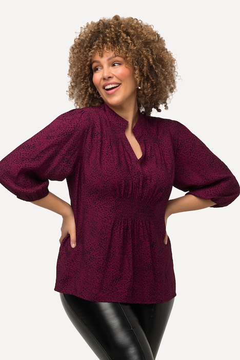 Bluse, Punkte, Smokeinsatz, V-Ausschnitt, 3/4-Arm