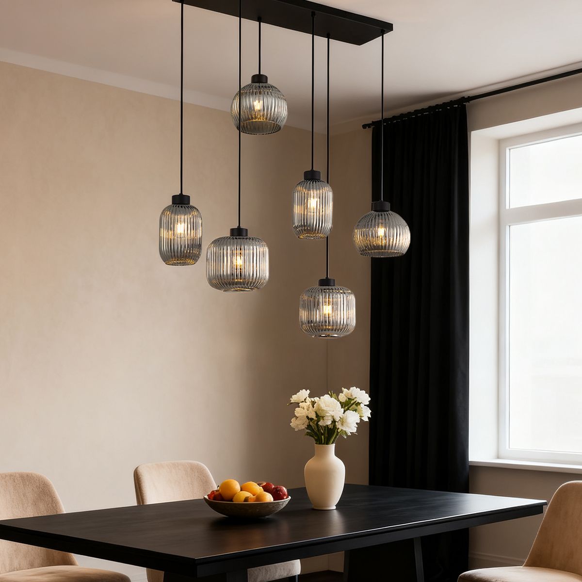 Design hanglamp zwart met smoke glas 6-lichts - Ana