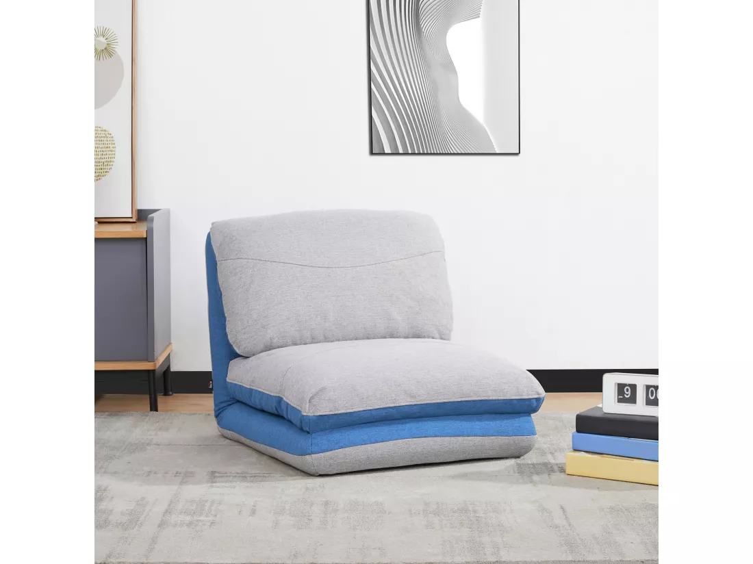 Chauffeuse - matelas d'appoint pliant - fauteuil convertible - inclinaison dossier réglable 5 positions - tissu polyester aspect lin gris clair bleu