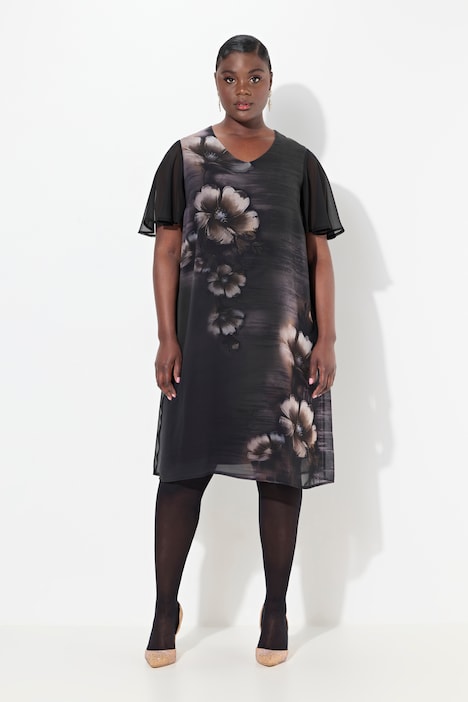 Kleid, Blüten, A-Linie, V-Ausschnitt, Cup-Halbarm