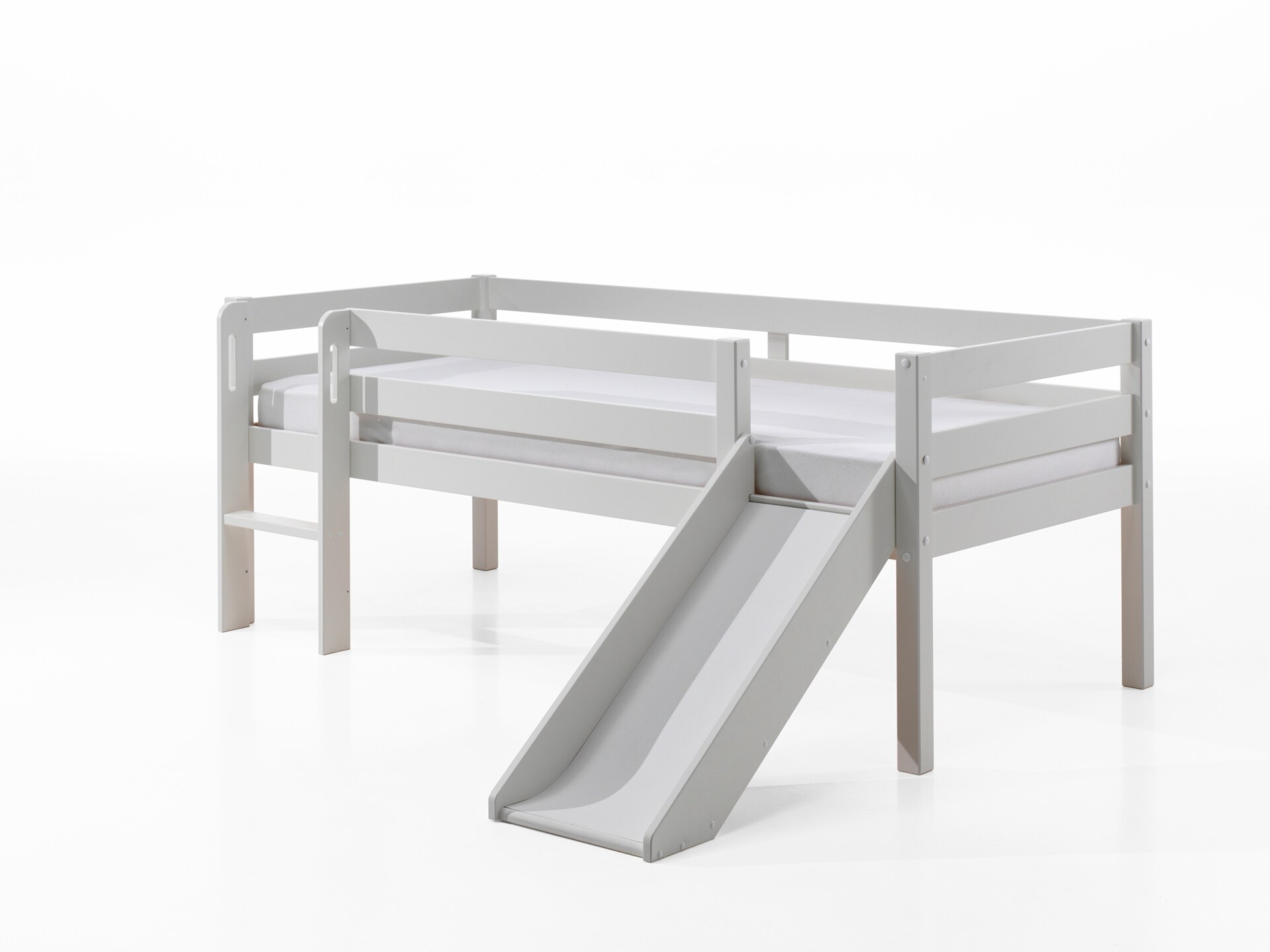Kojen-Spielbett mit Liegefläche 90 x 200 cm, inkl. Leiter, Rutsche und Rolllattenrost, Kiefer massiv weiß lackiert