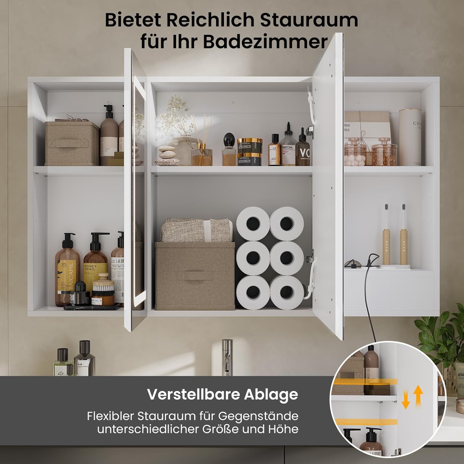 DICTAC Spiegelschrank Bad mit Beleuchtung und Steckdose Badezimmerschrank mit Spiegel und Verstellbares Regal,Badezimmer Spiegelschrank mit 3 Türen,Wandschrank,Hängeschrank,Badspiegel,100x60x16cm,Weiß