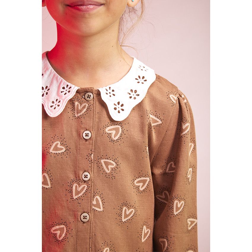 Robe manches longues en voile de viscose imprimé coeurs pour fille - Marron