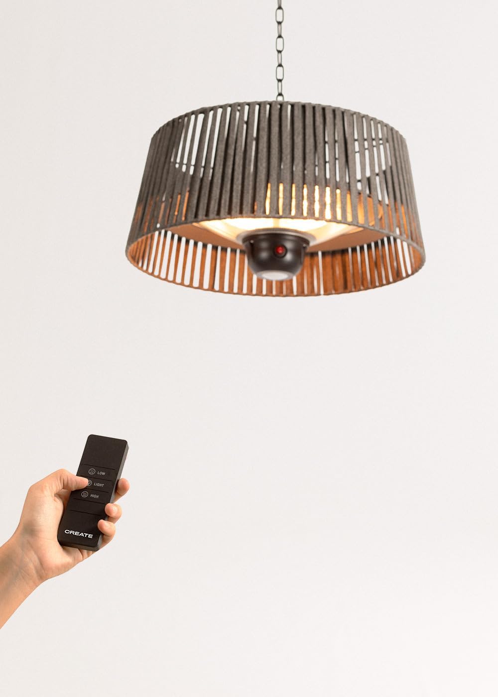 CREATE/HANGING HEATER/Halogen-Infrarot Heizstrahler Grau mit LED-Beleuchtung und Fernbedienung für Terrassen, Garten und Außenbereiche / 1800W Deckenheizstrahler, 3 Heizstufen 800-1000-1800W, IP24
