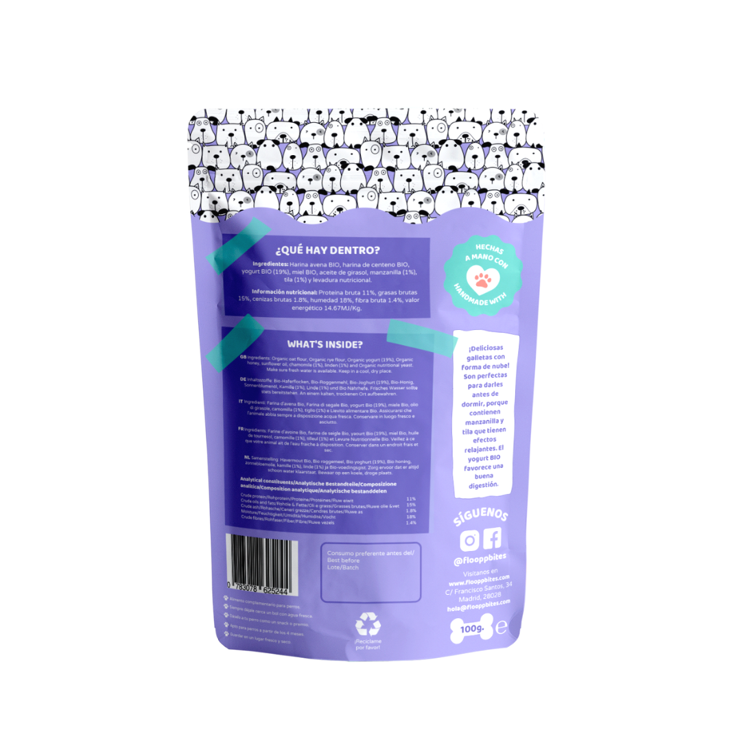 FlooppBITES Biscoitos Doces para Cães, Sabor Iogurte, Camomila e Tília