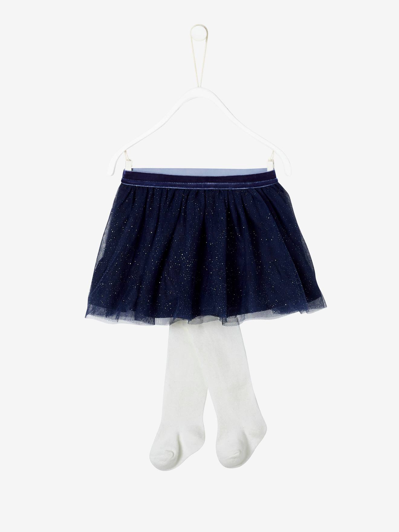 Conjunto de saia de festa e collant em tule brilhante, azul bebê liso e vibrante.