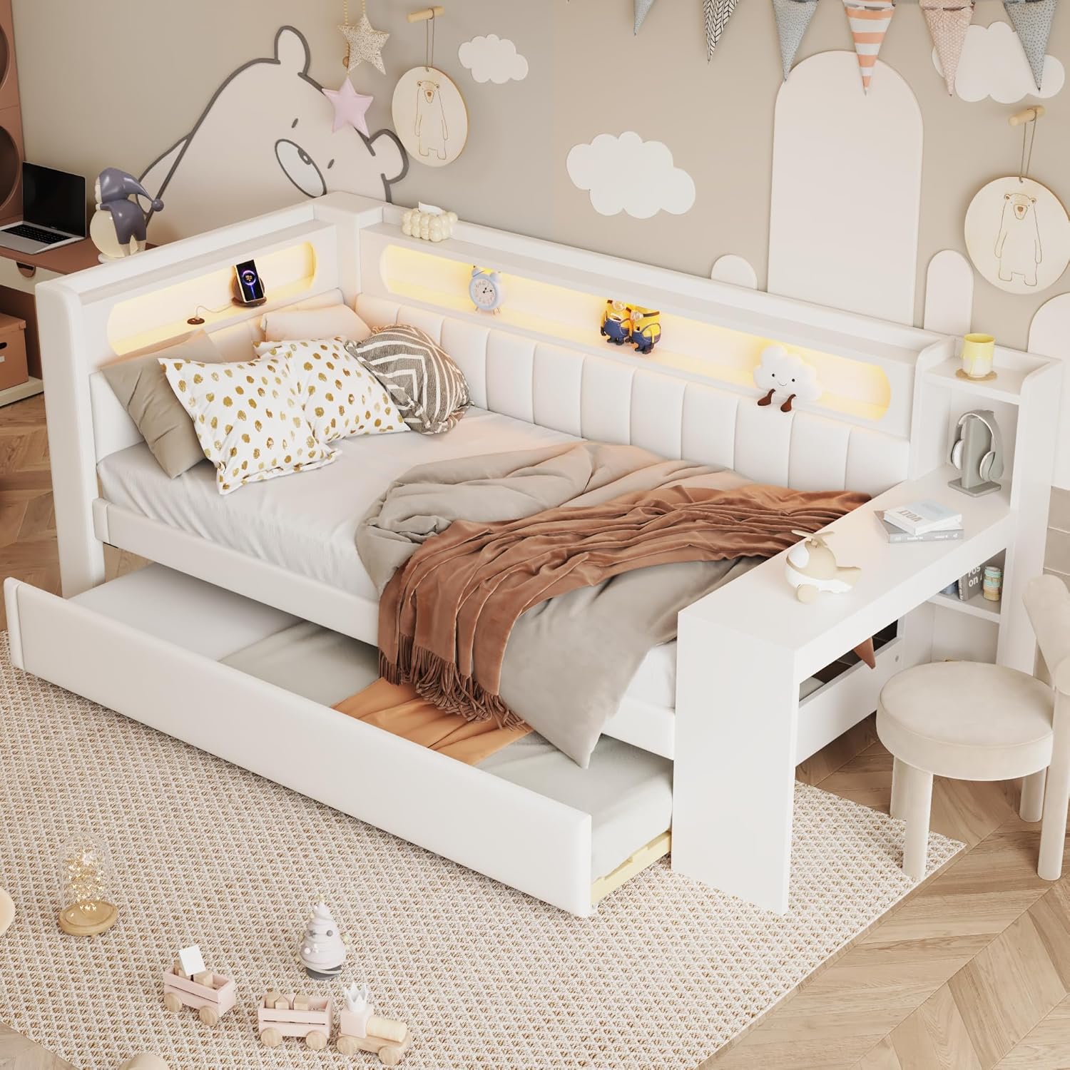 Polsterbett Schlafsofa 90x200 cm, Daybett mit Schreibtisch und Ausziehbett, Tagesbett mit LED und USB-Anschluss, Funktionsbett Gästebett mit Lattenrost, ohne Matratze, Weiß