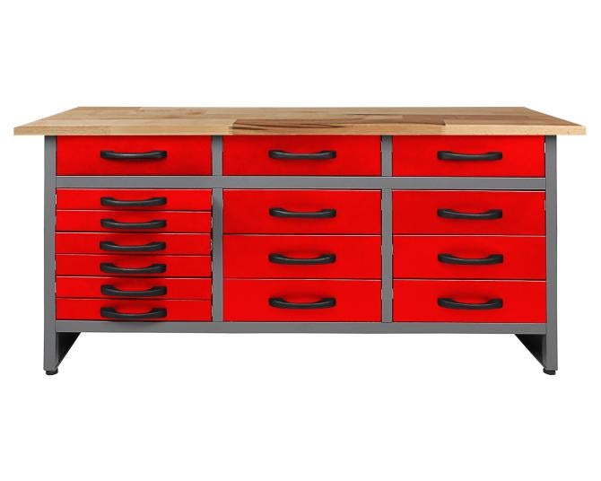 Ondis24 Konny werkbank, 160 cm, rood, 15 laden, werkplaatsuitrusting
