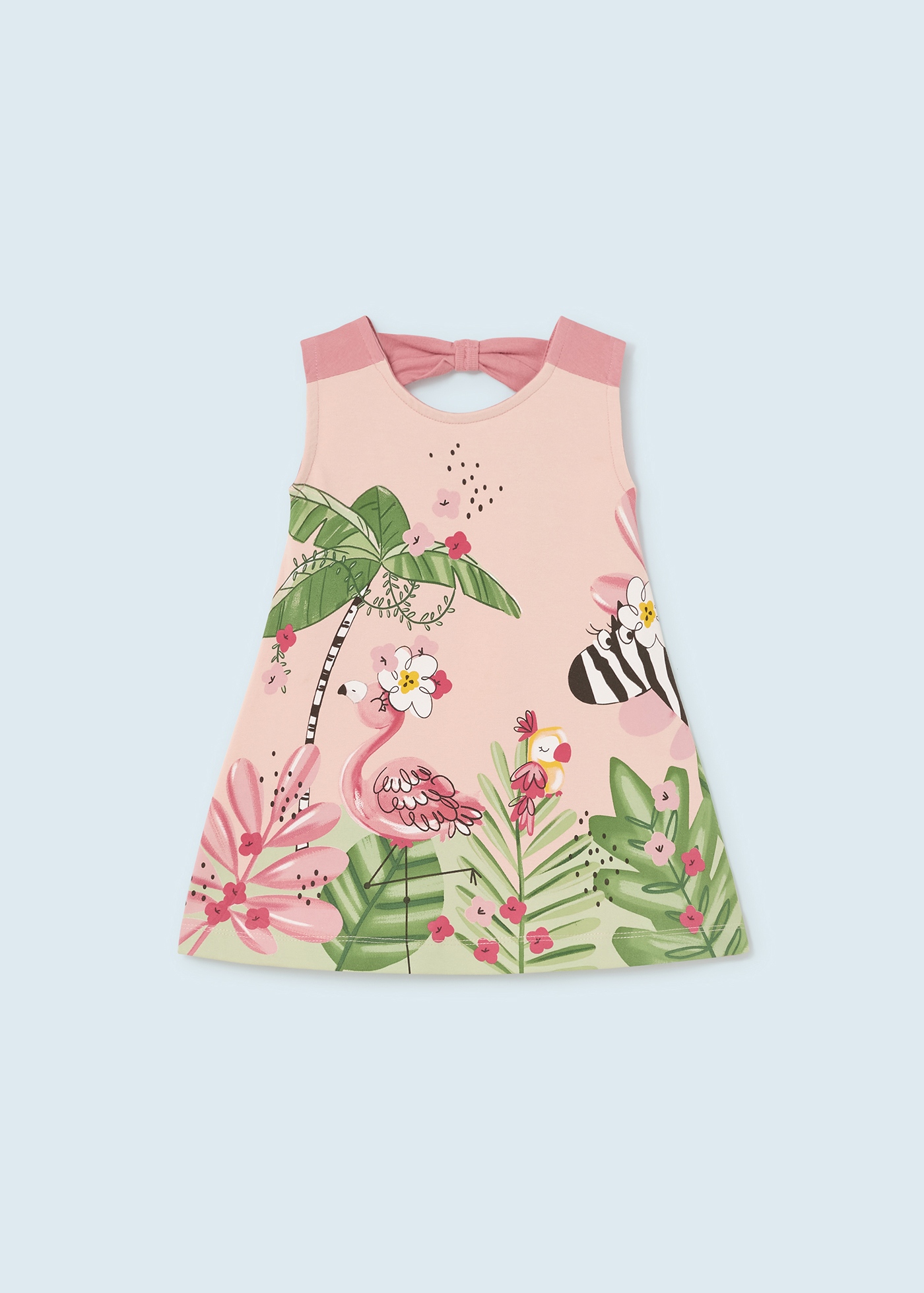 Vestido infantil com estampa feita de algodão sustentável.