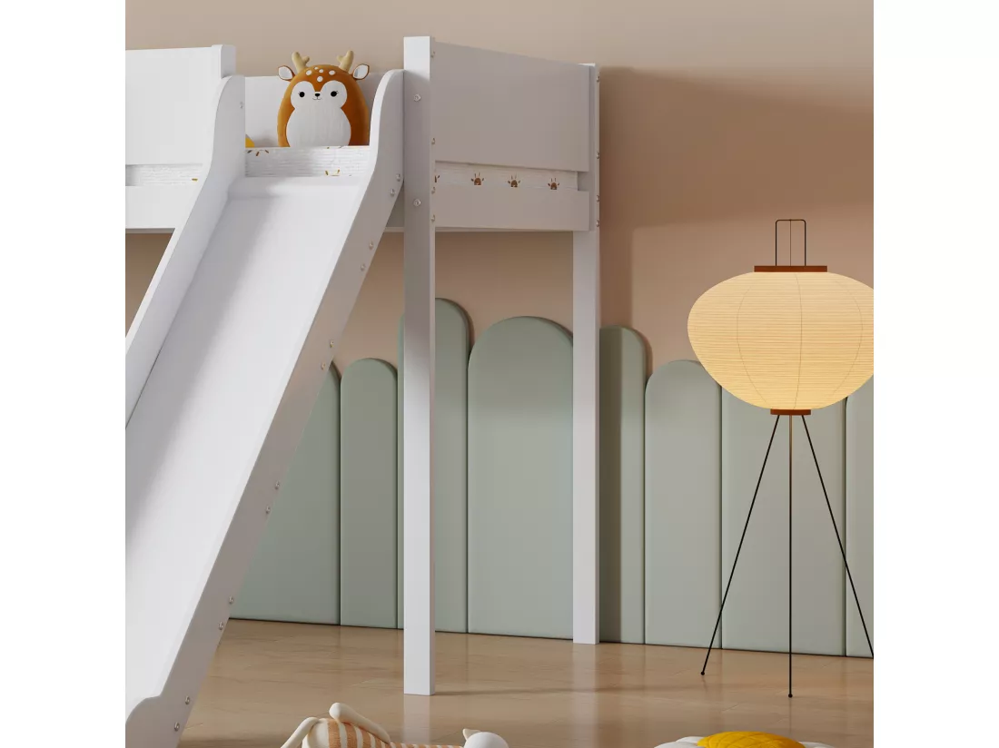 Lit mezzanine 90x200cm, lit enfant avec échelle, toboggan, étagère amovible, pin+MDF, blanc+naturel