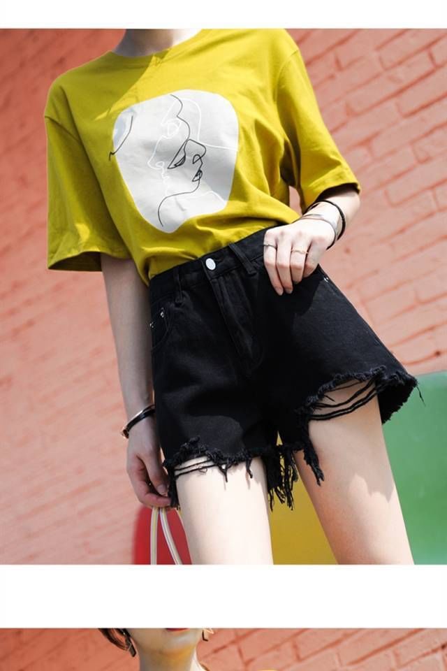 KONGER - Hoge taille, effen, gerafelde, versleten, wijde denim shorts
